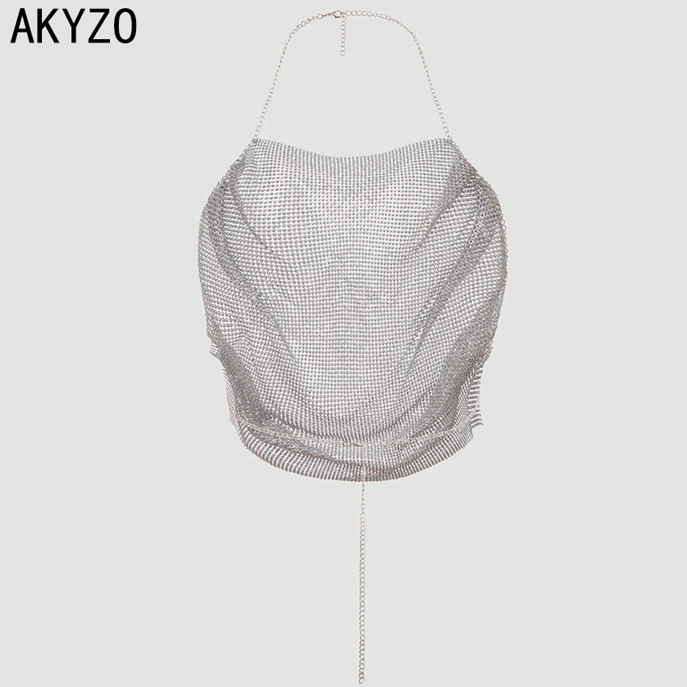 

AKYZO Summer Sexy Backless Halter Top With Rhinestone Embellishment Strapless Chain Top