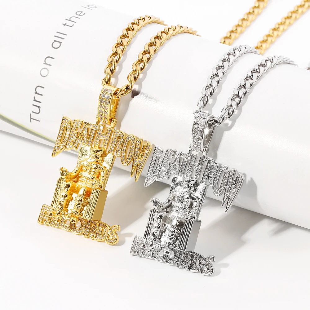 Hip Hop DEATHROW RECORDS Prisoner Necklace Rhinestones Pendant Accessories For Man Woman Iced Out Jewelry
