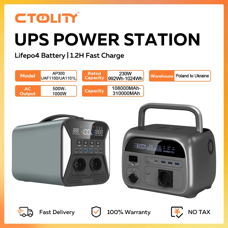 CTOLITY 1000W Portable Power Station 1024Wh 230Wh Lifepo4 Battery Solar Generator AC Outlets Emergency Energy Storage Supply