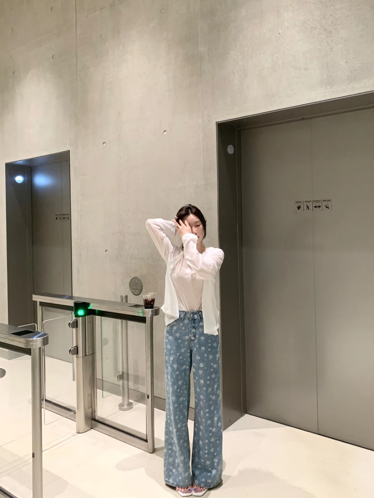 

Panda Jingjing Girl Feel Dyed Print Джинсовые прямые брюки Летние свободные длинные тонкие широкие джинсы с высокой талией Женская мода