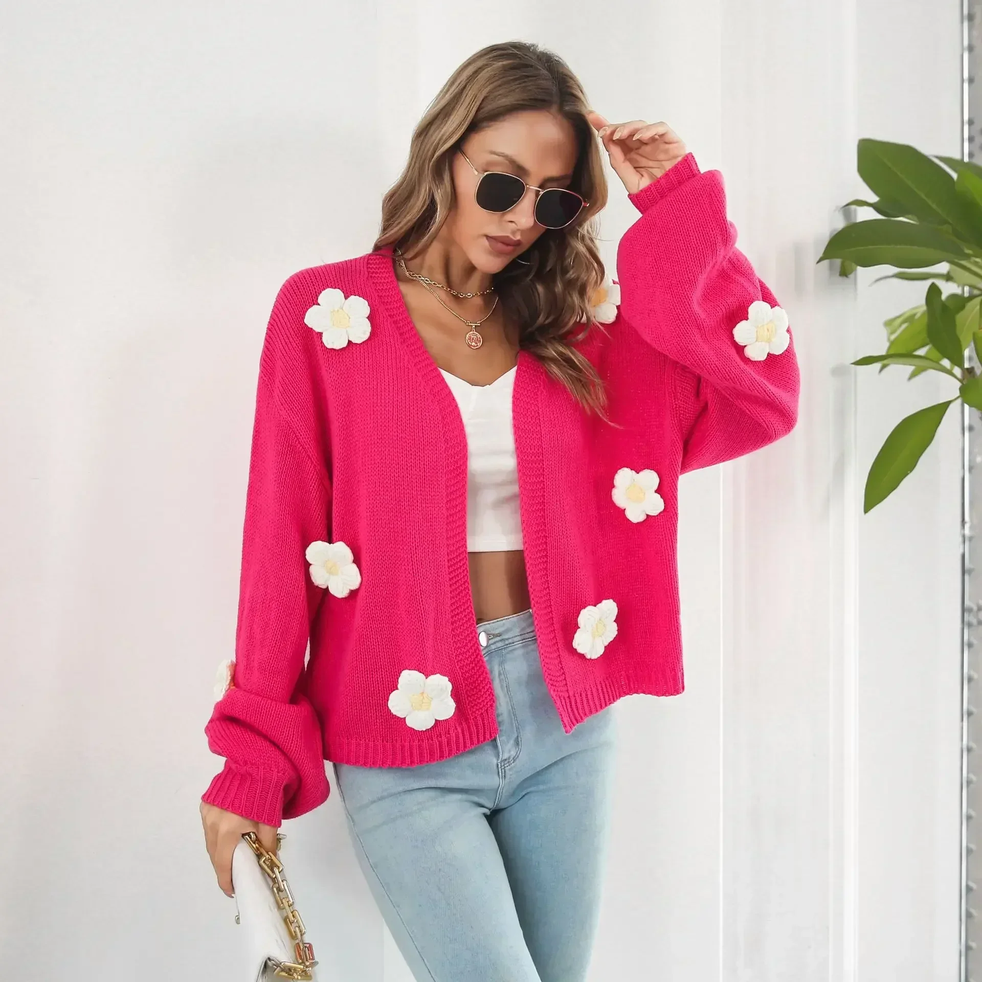 3d flowers cardigan crochet cardigan fleurs 3d flower Sweater Women Sweater Winter Autumn Cardigan Lantern Sleeve Jumper Coats