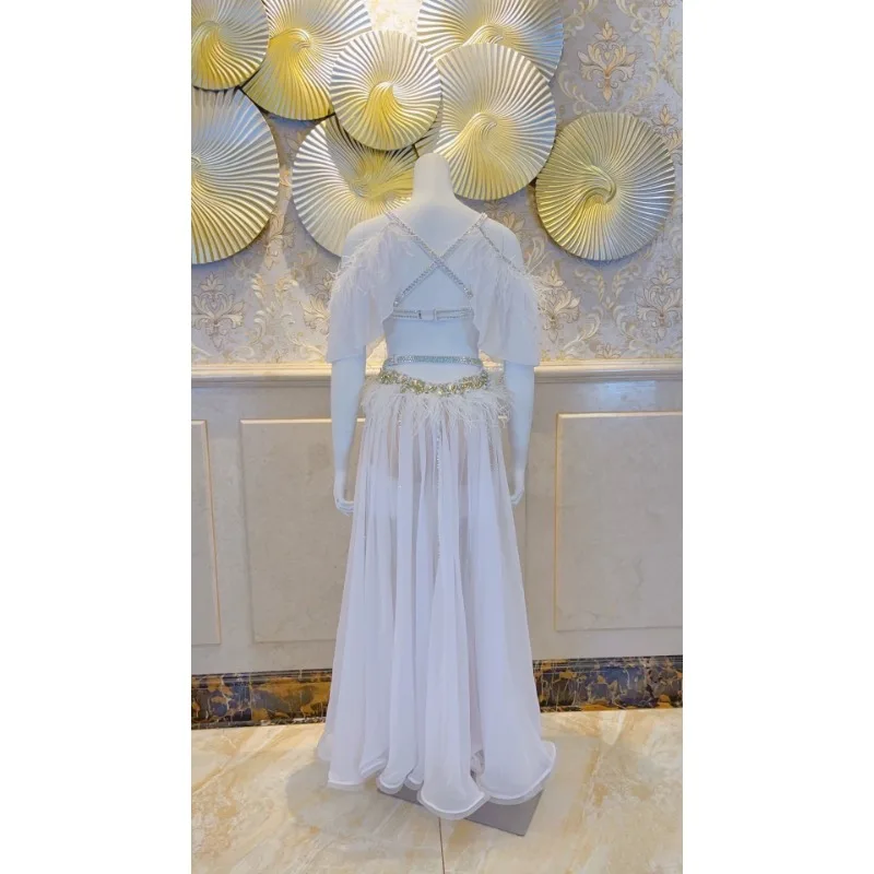 Vestido de dança moderno personalizado, novos trajes de dança do ventre, saia grande de balanço, conjunto de competição de performance, sutiã branco, saia ans