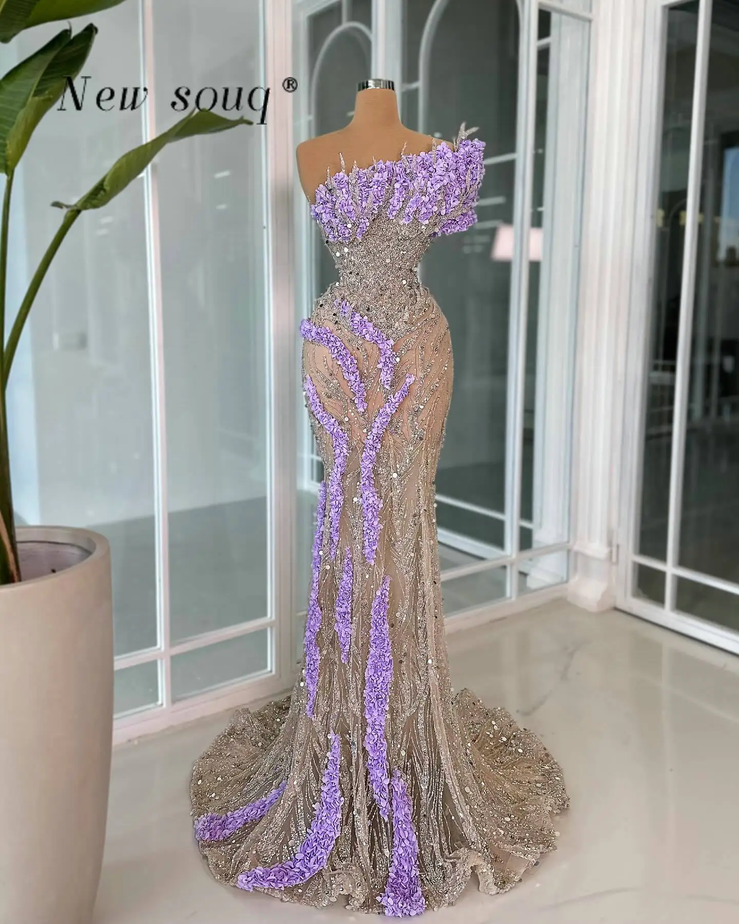 Bright Lilac One Shoulder Long Mermaid Evening Dresses High Fashion Floral Sparkly Beaded Sequins Illusion Wedding Party Gowns