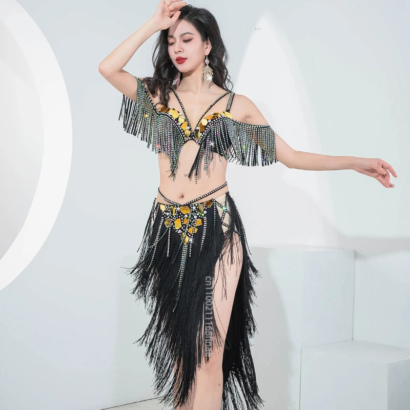 New Belly Dance Performance Dress Top Skirt Triangle Tassel Dynamic Skirt Girls Belly Dance Stage Performance Dress Set