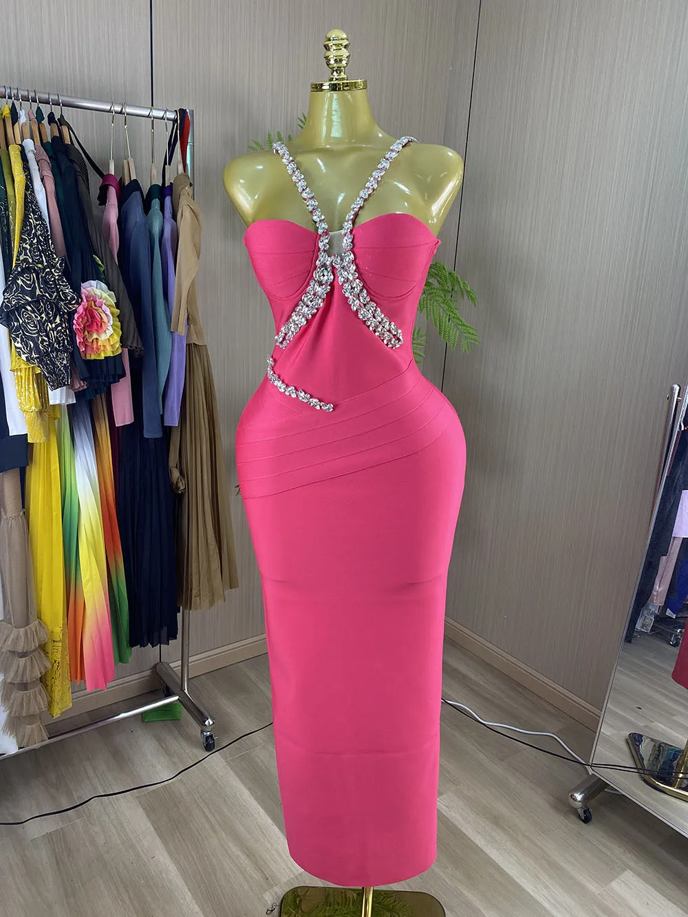 Women's Luxury Pink Crystal-Embellished Strappy Bandage Maxi Dress-GZXX1128