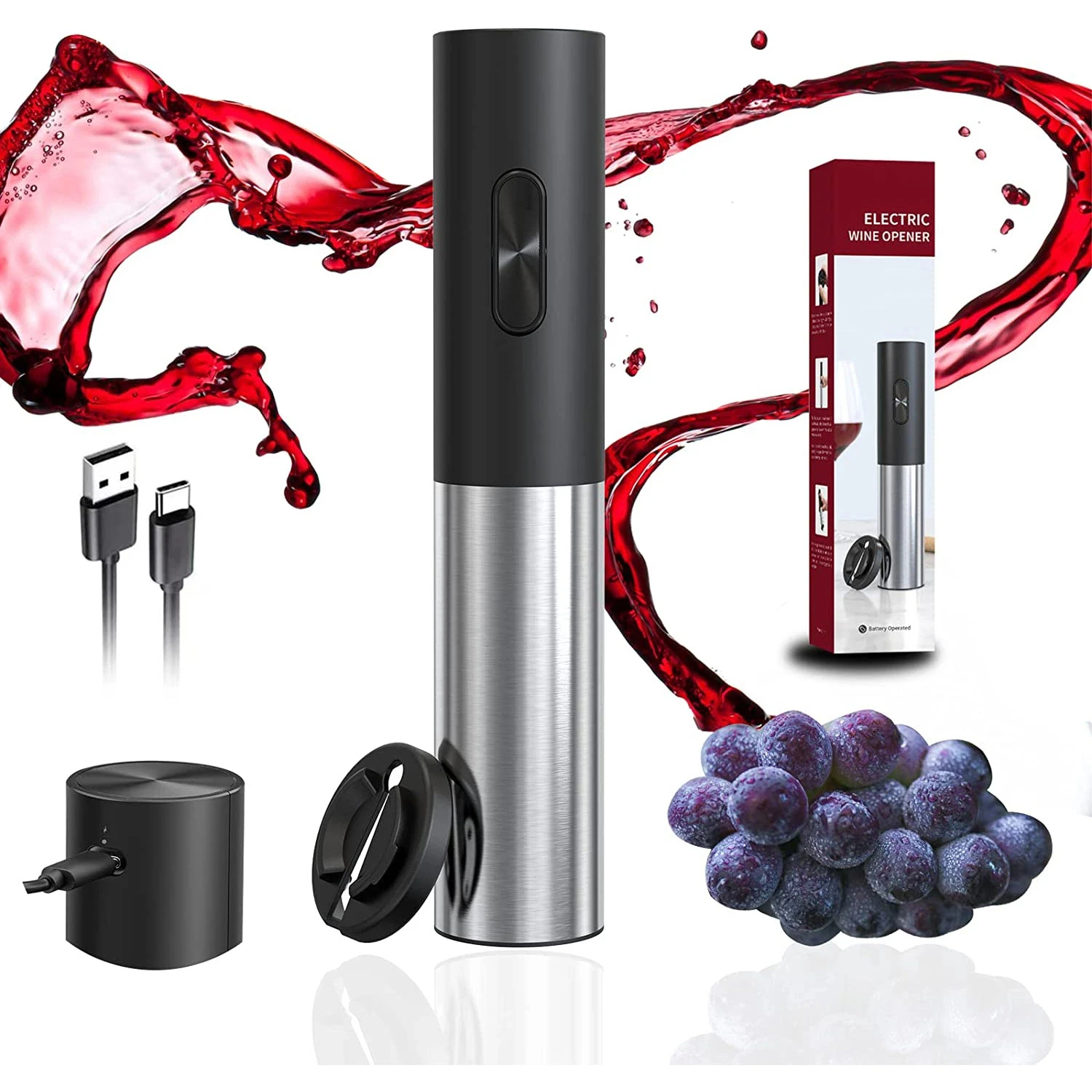 Juego de abridor de vino eléctrico recargable, sacacorchos automático de acero inoxidable, Kit de abridor de botellas de vino tinto de 4 piezas para Bar y cocina