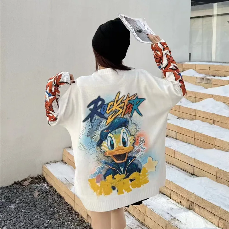 Nova chegada das mulheres disney mickey mouse oversized camisola branca-all-over cartoon gráfico na moda casual manga longa pulôver