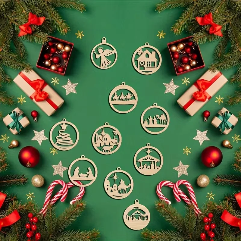 

12pcs Wooden Easter Hollow Jesus Pendants, DIY Christmas Wood Chips, Holiday Decora0tions for Home, Outdoor, Garden, Porch