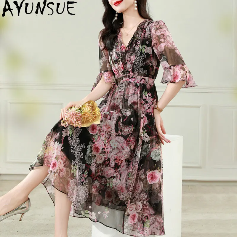 

AYUNSUE 100% натуральное шелковое платье из тутового шелкопряда, элегантные платья для женщин, летняя женская одежда с принтом, длинное платье 2026, женское платье