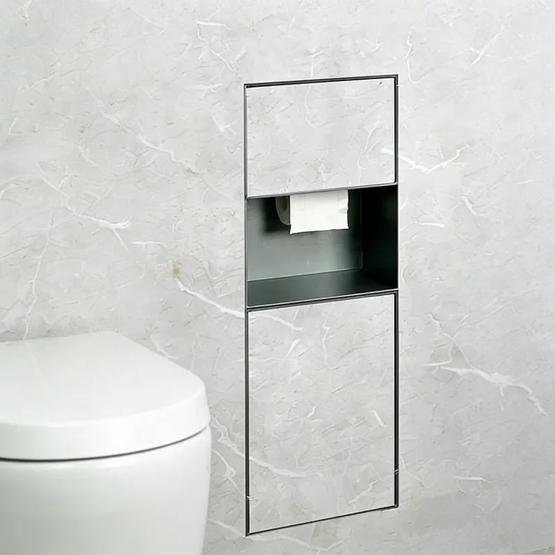 Recessed Stainless Steel Bathroom Niche for Toilet Paper Holder and Trash Bin Storage with Metal Baffle Wall Mounted Rack