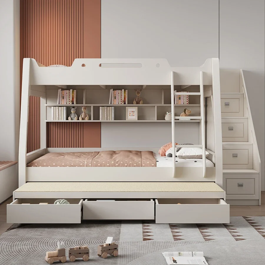 Customized Kids Bedroom Furniture Solid Wooden Children Bunk Beds Kids Bed With Two Storage Drawers White