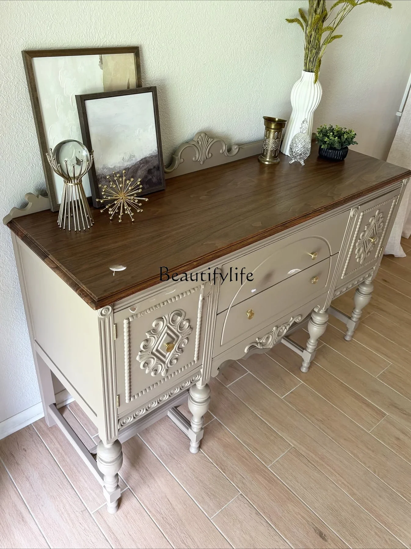 

yj7 French Retro Solid Wood Sideboard American Style Living Room Carved Decorative Wall-Mounted Cabinet Furniture