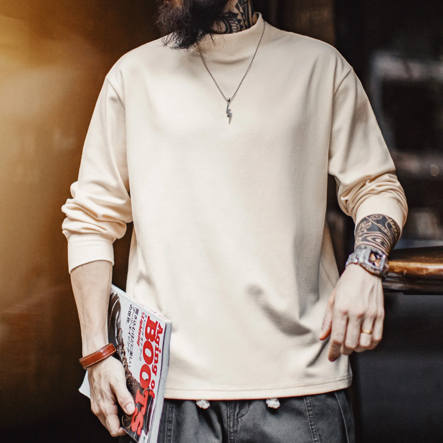 Maden Men's High Neck Warm Long Sleeve T-shirt Antibacterial Thermal Underwear Thickened Fleece Anti-Static Tops for Winter