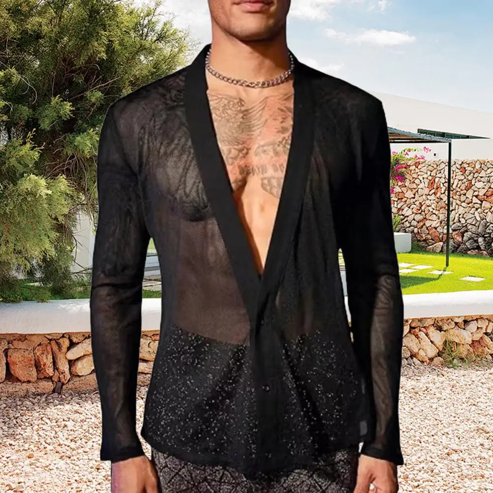 Camisa informal de estilo callejero para hombre, camisa Sexy de malla con cuello en V para discoteca, Top transparente de manga larga con botones para actuación de fiesta muscular