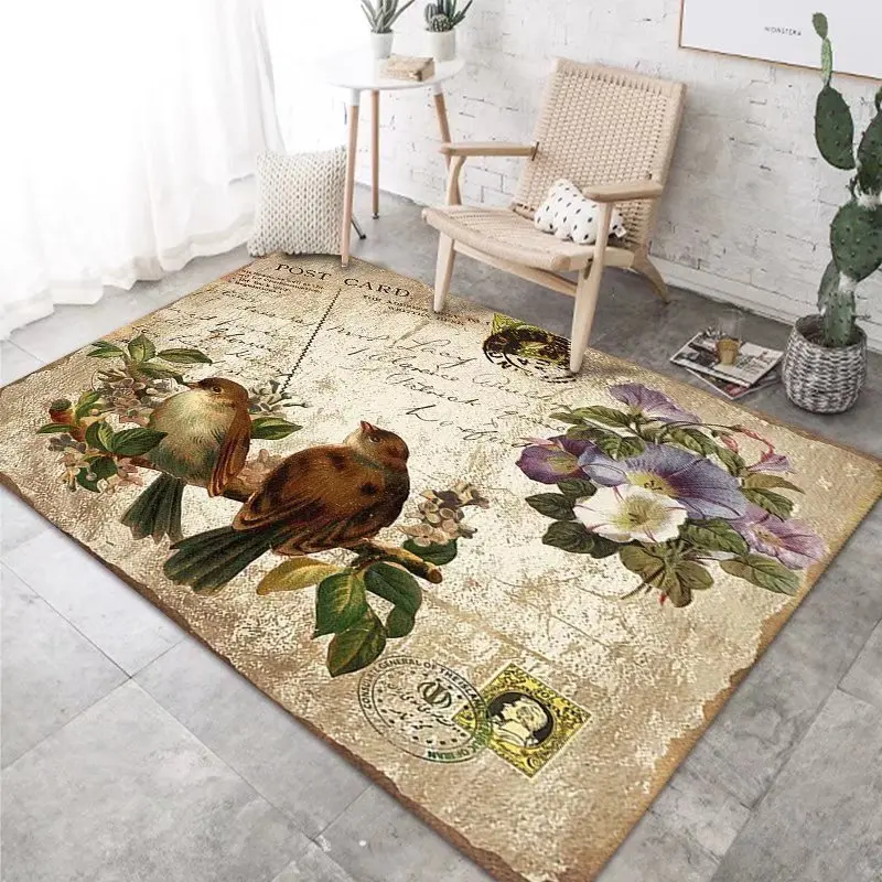 Retro Flower Bird Pattern Living Room Rug Non-Slip Large Carpet Home Decor Bedroom Bedside Rugs Soft Flannel Washable Floor Mat