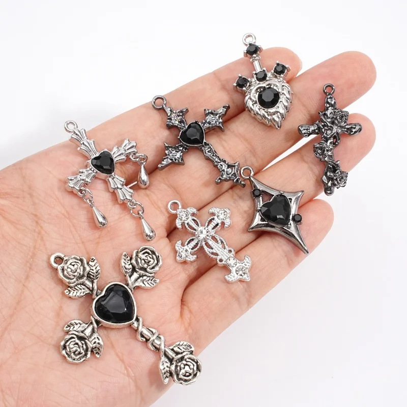 1Pc Mixed Gothic Cross Pendant Black Pink Heart Shaped Water Diamond Rose Wing Sword Bone Cross Pendant Jewelry Making Accessori