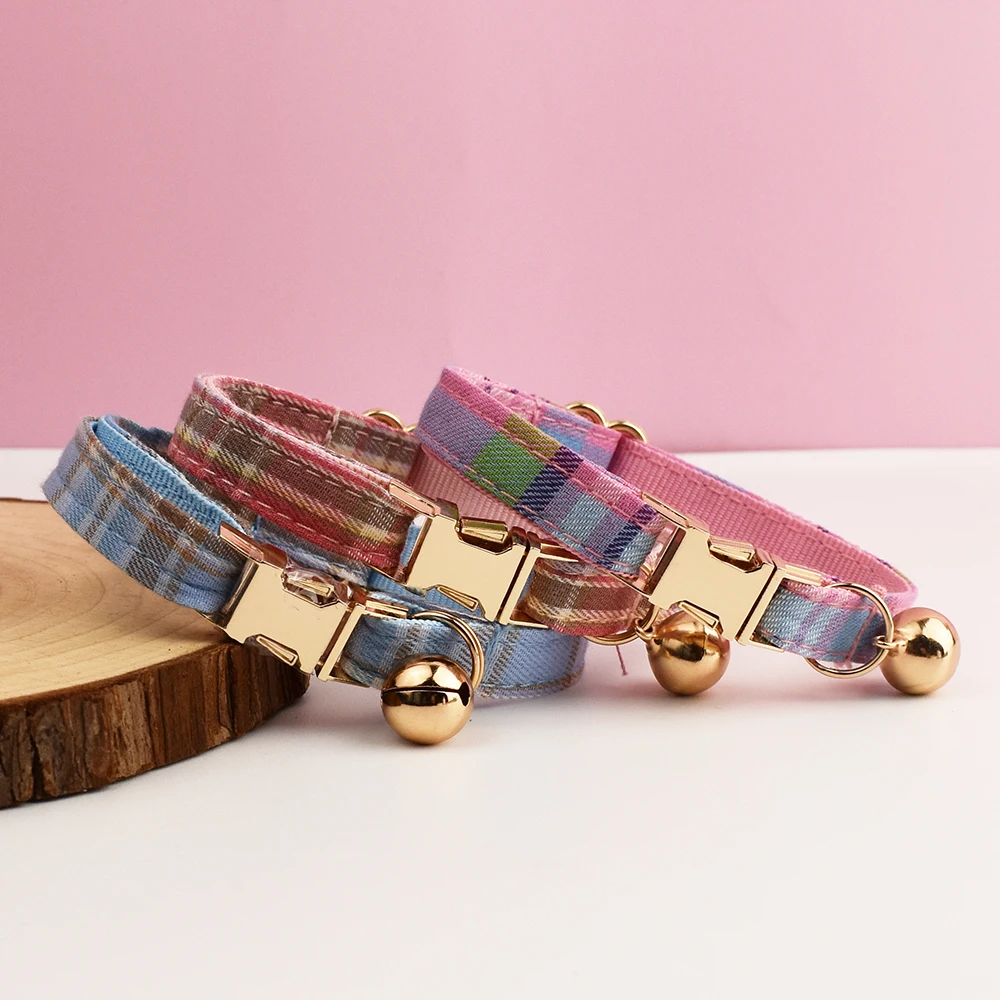 Plaid Pattern Cat Collar Bowknot Adjustable Safety Personalized pet collar Customized Name Soft Collar