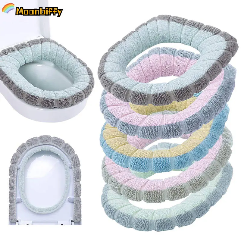 Winter Warm Toilet Seat Cover Washable Bathroom Toilet Pad Cushion With Handle Thicker Soft Mat Knitting Warmer Closestool Mat