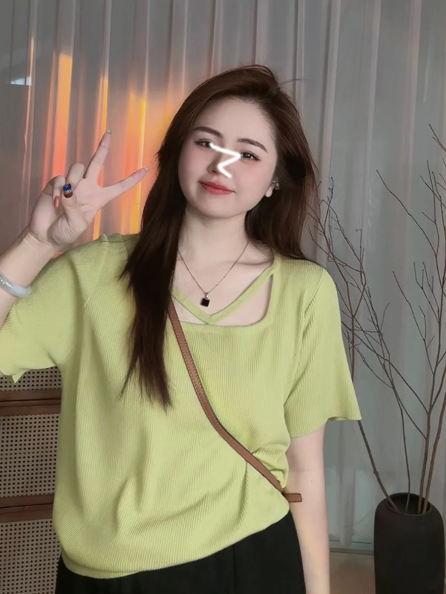 

Женская летняя тонкая футболка больших размеров с коротким рукавом и квадратным воротником, свободного кроя, универсальная, скрывающая недостатки фигуры, в корейском стиле, повседневная одежда