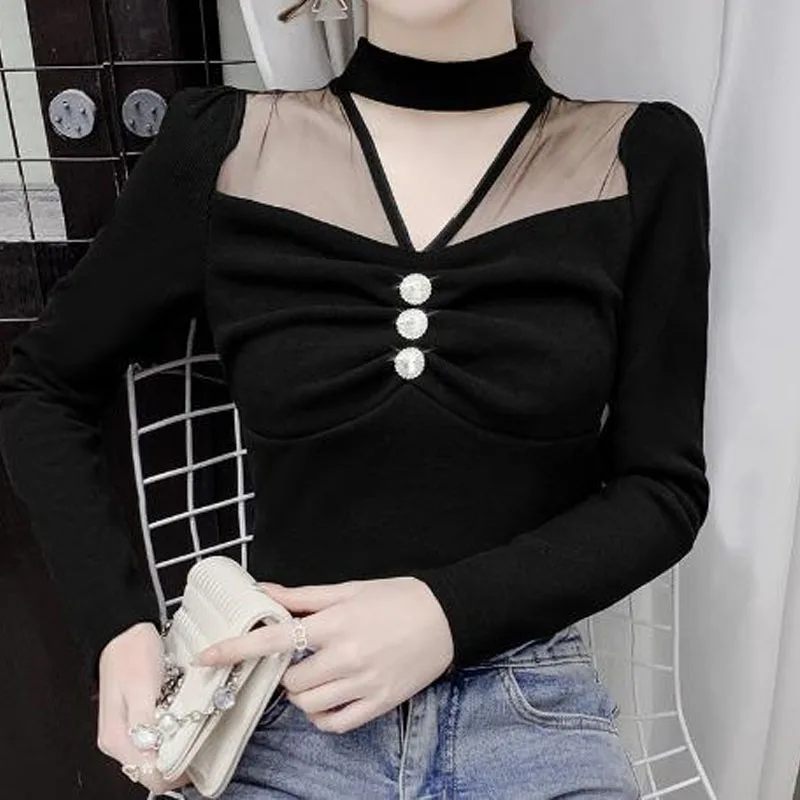 Fashion Korean Mesh Spliced Hollow Out Tops Women\'s Clothing Spring Autumn All-match Simplicity Solid Long Sleeve Slim T-shirt