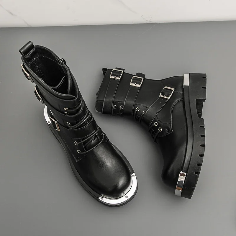 Punk Style Men Boots Fashion Belt Buckle Design Mid-calf Boot High Quality Leather High-top Boots for Men Motorcycle Knight Boot