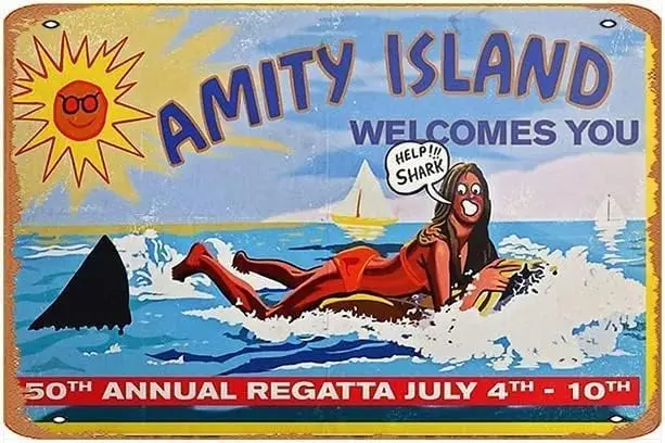 Amity Island Welcomes You Poster Tin Wall Sign Retro Iron Tin Sign Wall Poster Decor Funny Retro Bar Coffee Pub Gift Wall D sign