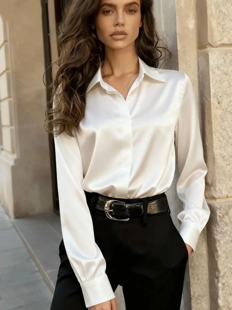 قميص نسائي من الساتان بأكمام طويلة متعدد الاستخدامات للتنقل في الخريف #2