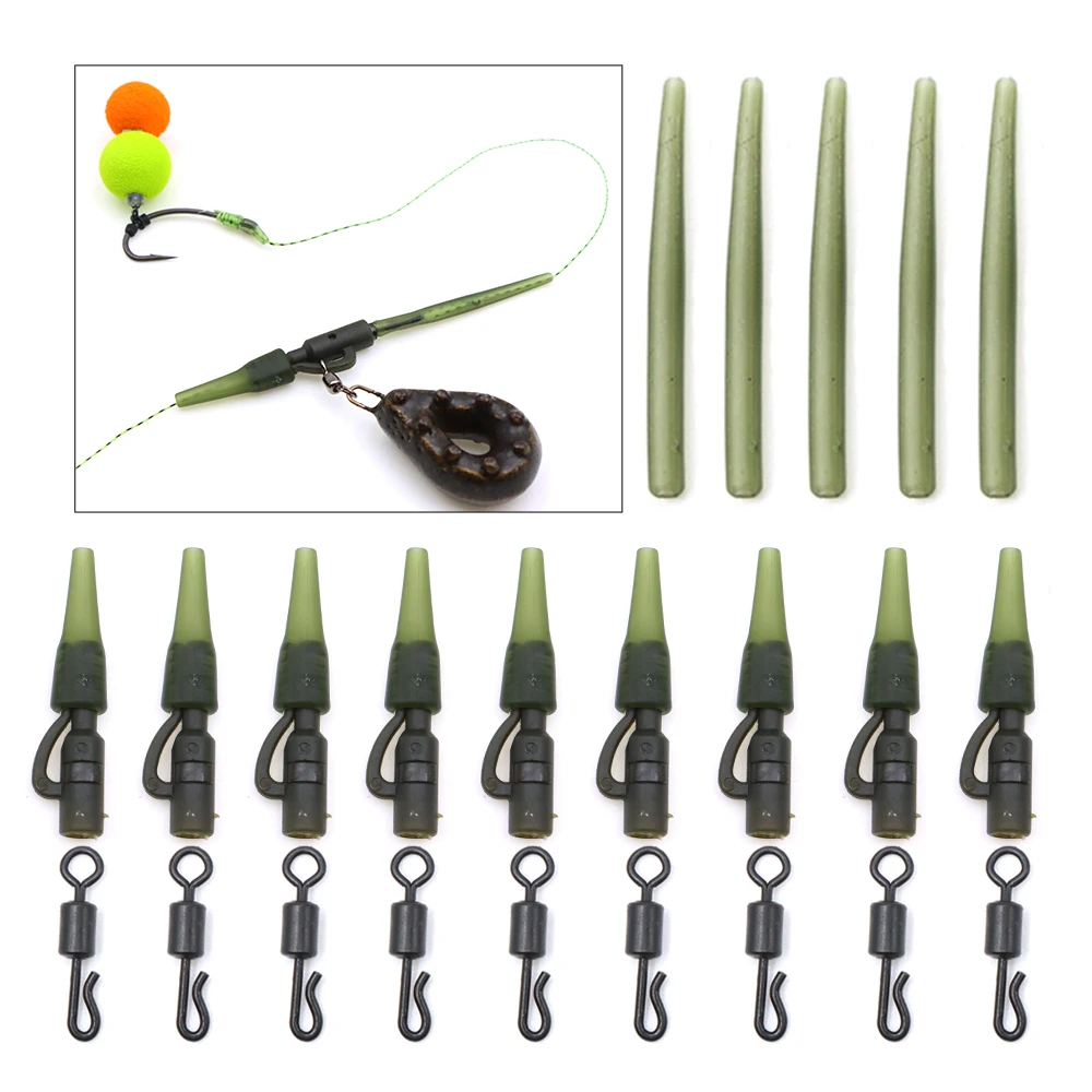 40pcs=10set Carp Fishing Accessories Lead Weight Clip Rubber Tail Anti Tangle Sleeve QC Snap Swivels For Hair Rig Fish Tackle