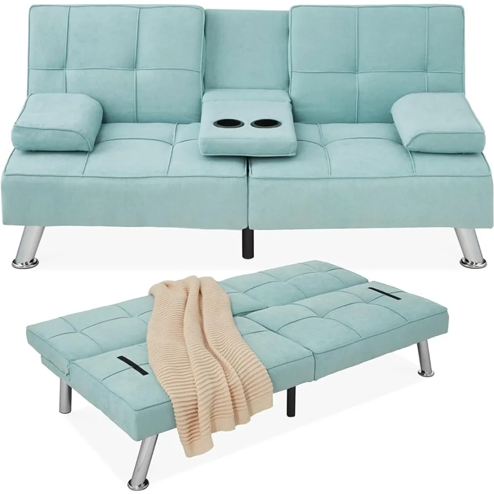 Sofa for Living Room Chairs /Removable Armrests 2 Cupholders - Aqua Sectional Couch Luxury Linen Modern Folding Futon