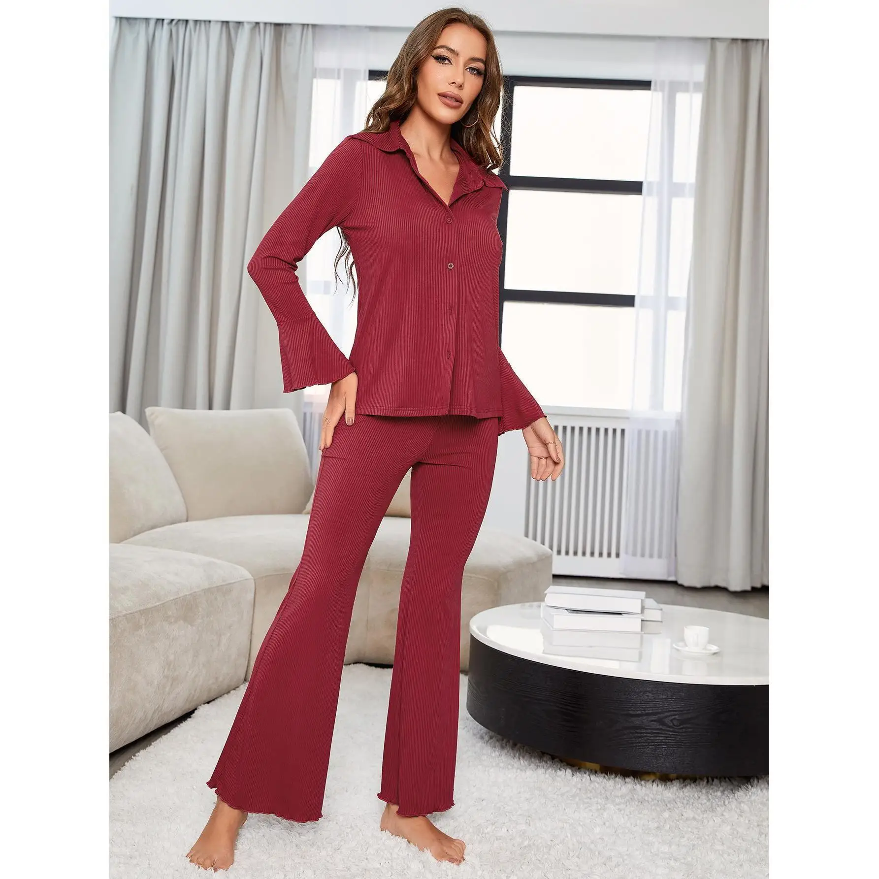 New Women's Pajama Set for Autumn and Winter Red Thread Long Sleeve Loungewear 2 Piece Set Sleepwear for Sleeping Women