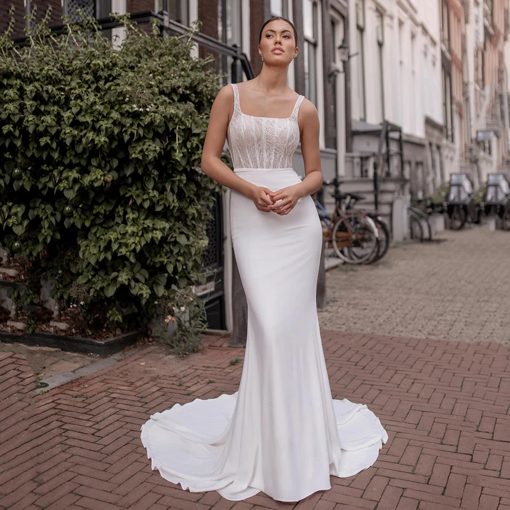 

Simple Modern Wedding Dresses 2026 Mermaid Lace Satin Bridal Gown Square Neck Backless Buttons Bride Dress Customized