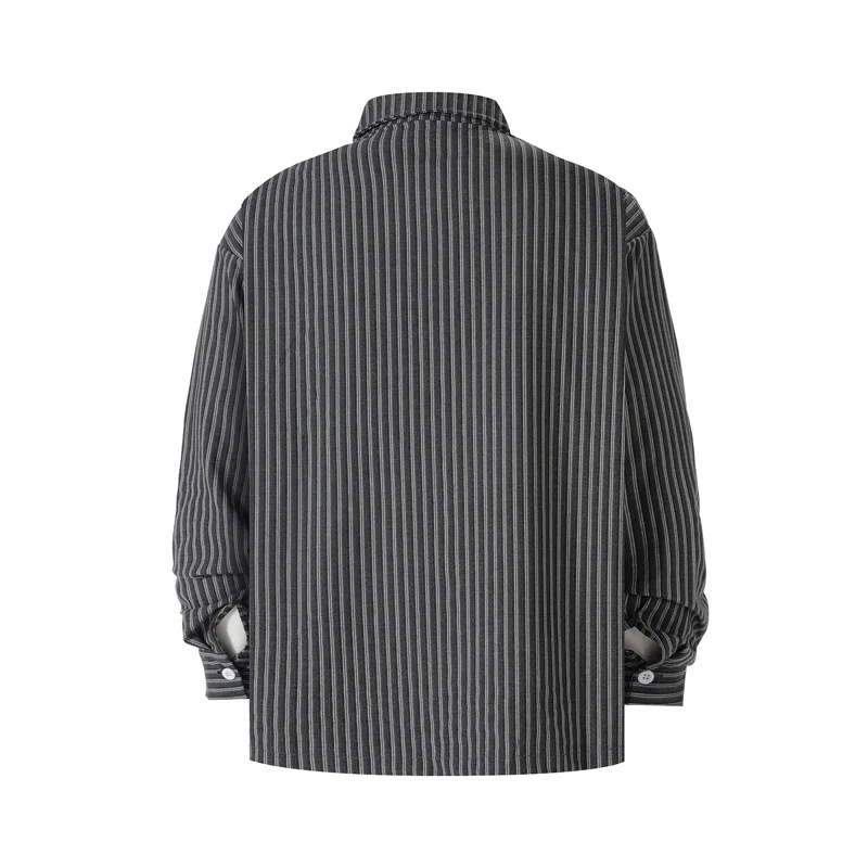 Vertical Striped Shirt Letter Embroidery Decoration Leather Label Long Sleeve Button Shirt Men Loose Streetwear Casual Blouse