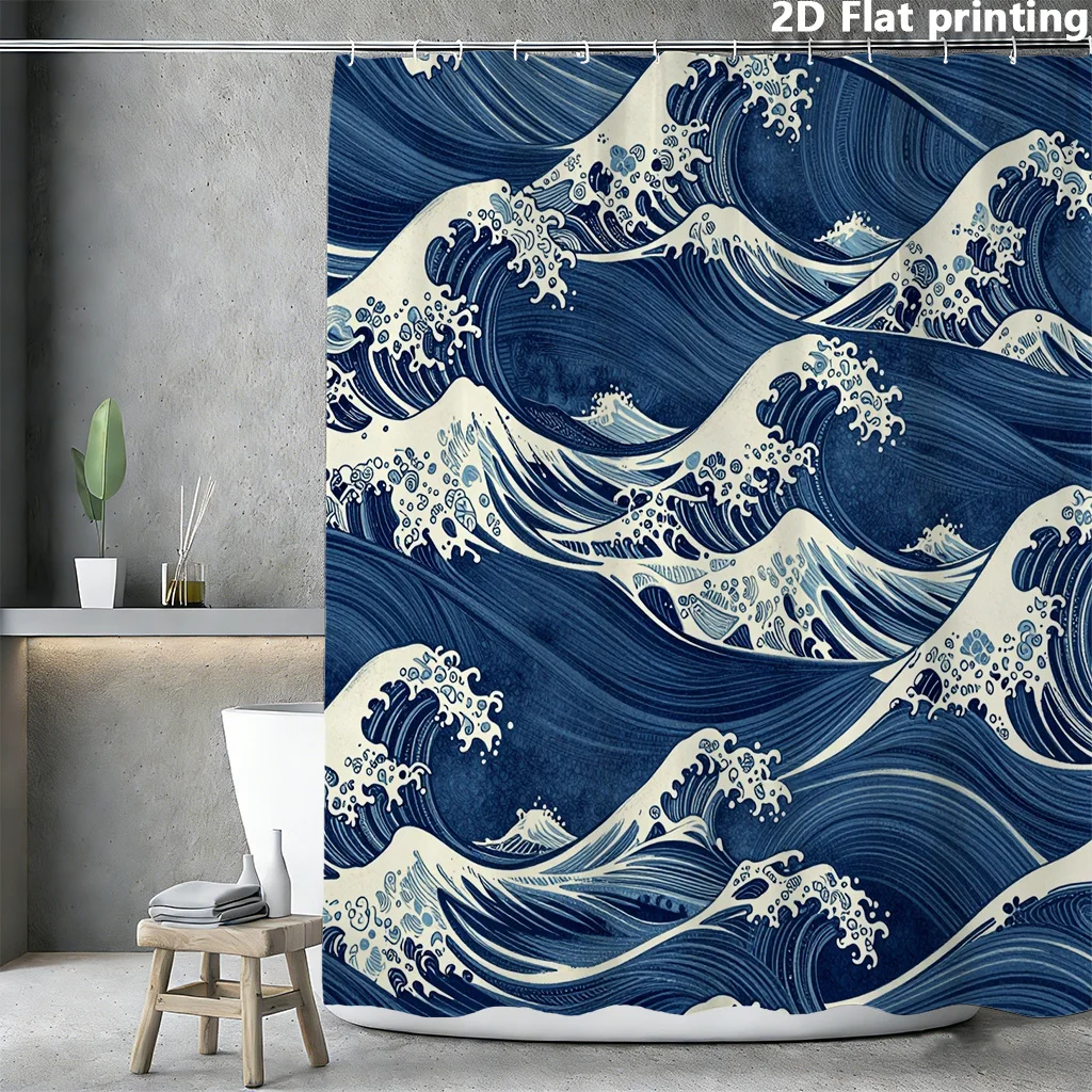 

Занавеска для душа Blue Wave, 1 шт., полиэстер, 2D-печать, 70,8x70,8 дюймов, в японском стиле, с изображением океанских волн на белом фоне