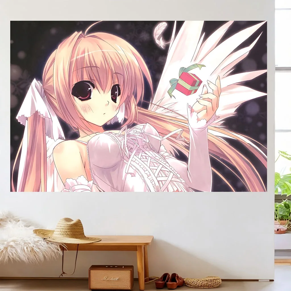 Anime Angel Girl Tapestry Pink Twin Tail White Wings Wall Hanging, Aesthetic Manga Decor Room Decor Items For Bedroom Dorm