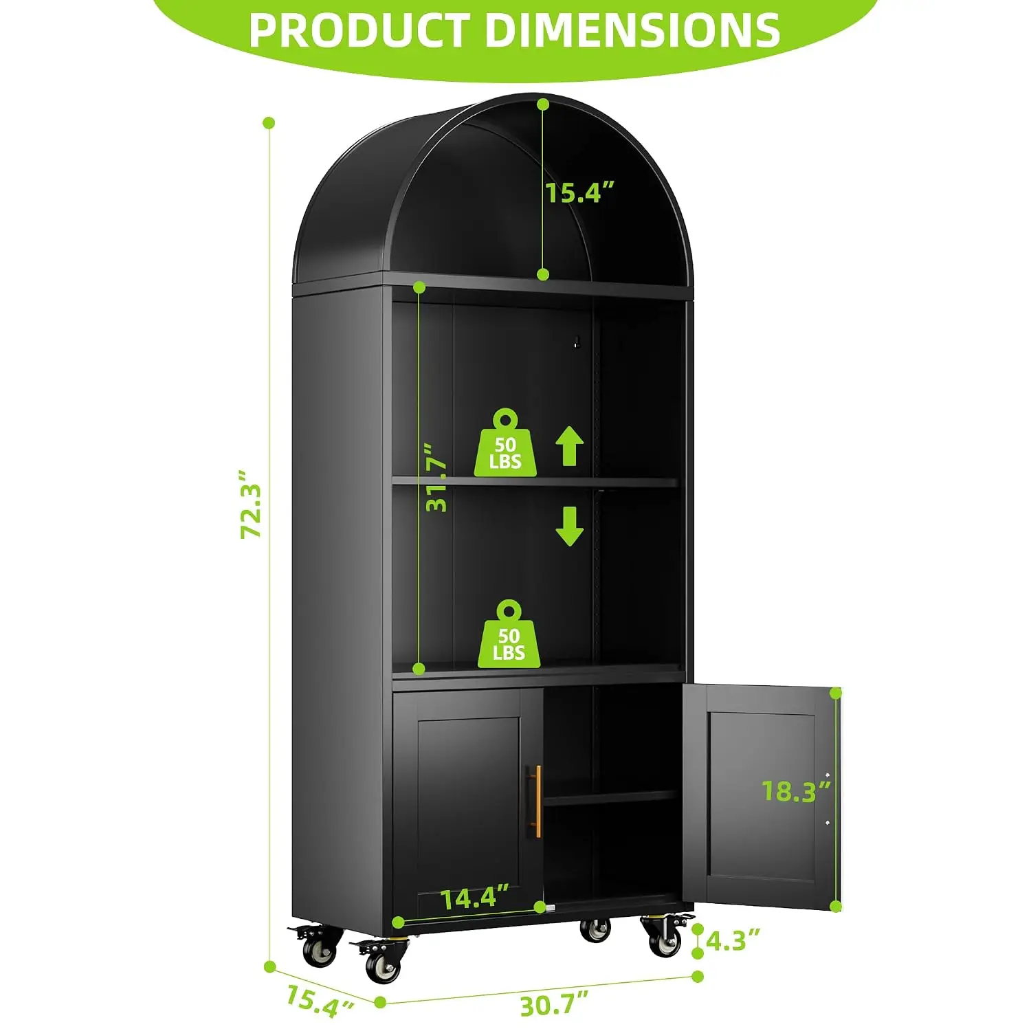 Metal Arched Storage Cabinet With Lockable Wheels, Black, 72.3 In | 4 Lockable Casters, 2 Adjustable Shelves, 50 Lb, Customized