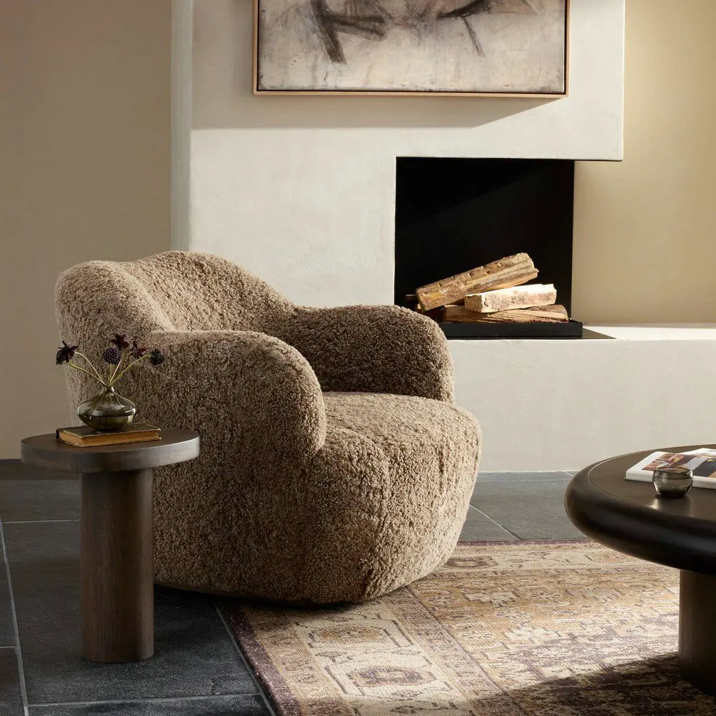 ◌a Luxury 360-degree Swivel Chairs Bedroom New Zealand Shearling Upholstered Single Sofa Chair for Reading Watching TV