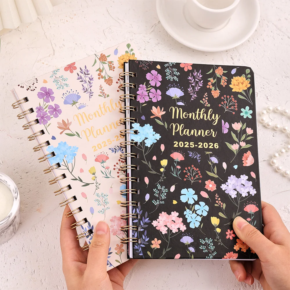 57 sheets 25-26 2 Years Coil Monthly Planner Floral Cardboard Cover Monthly Calendar Notebook With Tab Stickers Pocket Organizer