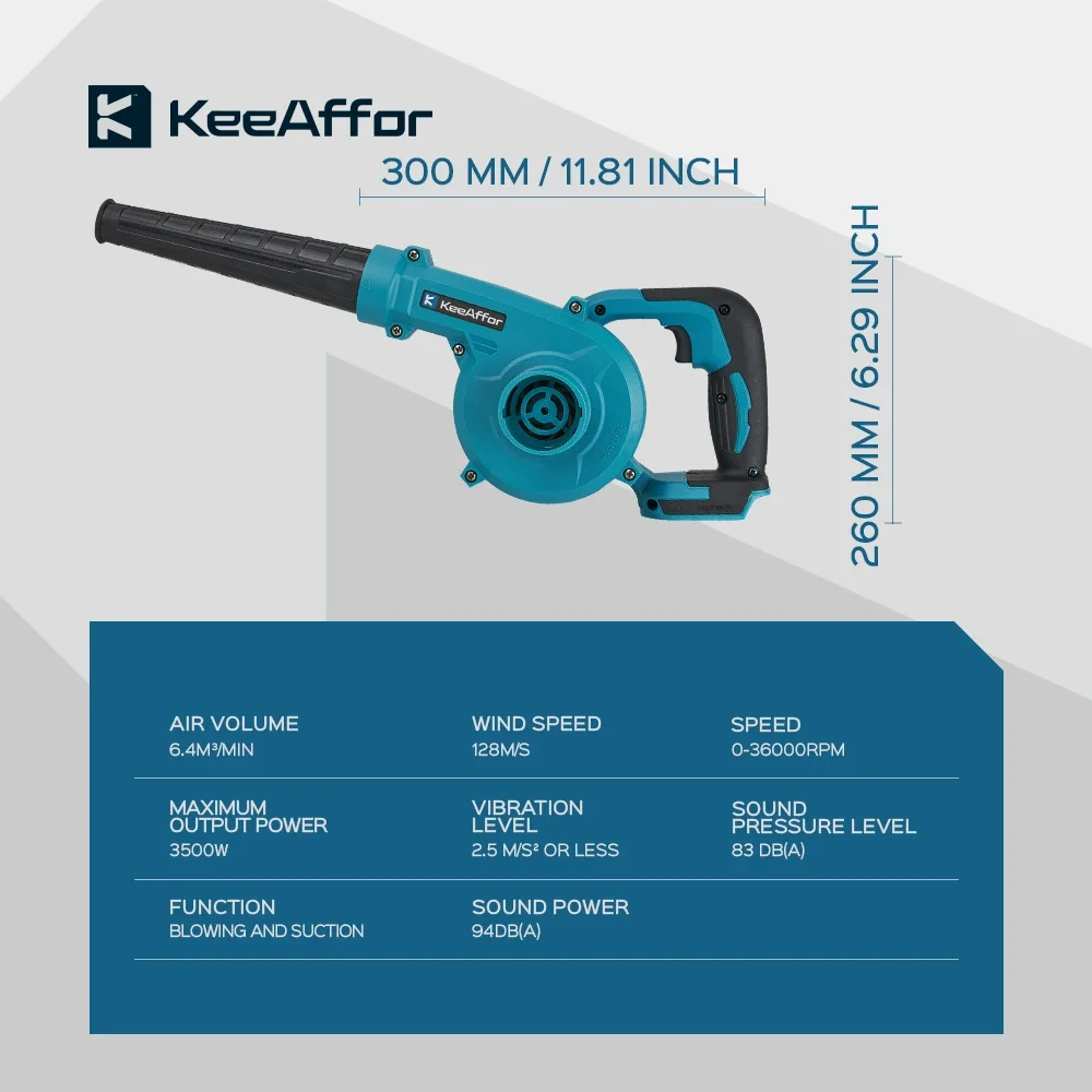 KEEAFFOR 3500W High-speed Electric Air Blower & Cleaner 2in1 Cordless Cleaning Blowing Dust Leaf For Makita 18V Battery