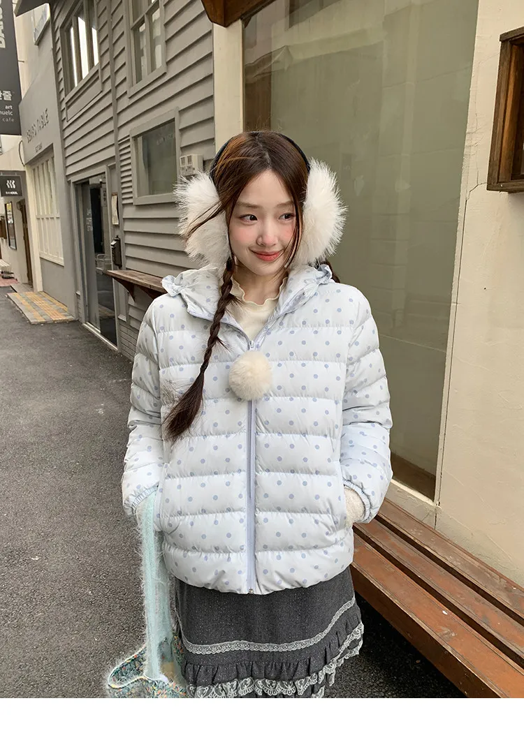 Korean Cropped Polka Dot Hooded Cotton-padded Jacket Women Zip Up Casual Winter Warm Outerwear Woman Sweet Cute Puffer Jackets