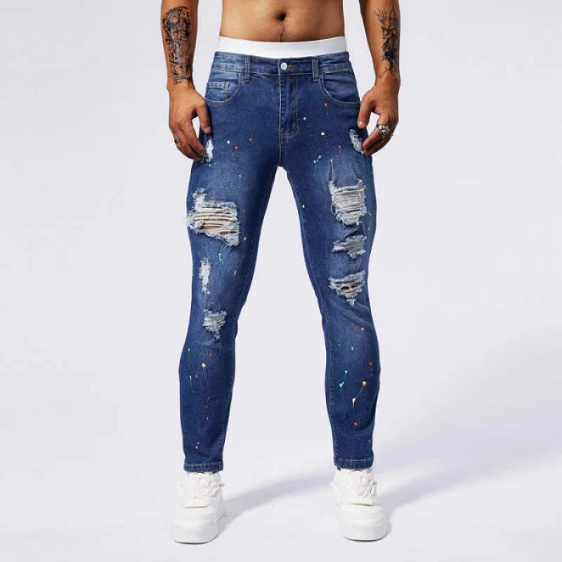 

2024 Summer New Perforated Jeans Men's Slim Fit Elastic Casual Versatile Street Handsome Muscle Tight Leggings