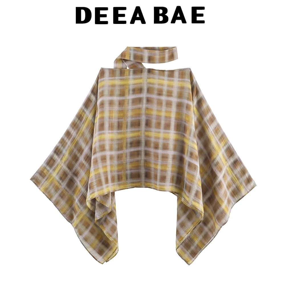 DEEABAE Autumn New Product Women's Round Neck Wide Sleeve Checkered Scarf Cloak Asymmetric Middle Waist Midi Skirt Set