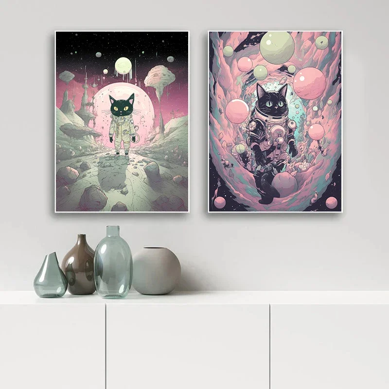 الحديثة البوب نمط الفضاء القط المدينة الكونية المصور الملصقات قماش الطباعة القط الفن الخيال العلمي خمر الجمالية جدار ديكور المنزل #3