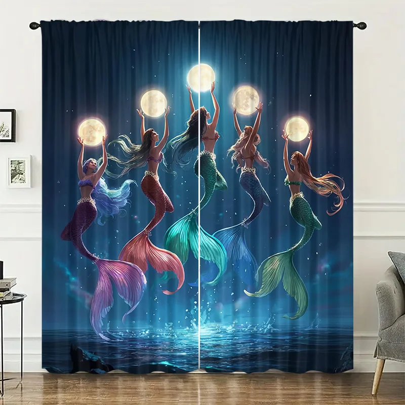 moon-themed mermaid pattern in the ocean digital printed curtains, privacy protection suitable for kitchens cafes living rooms