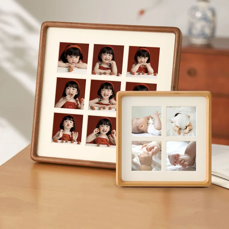 Cherry Wood Square Photo Frame 4-Grid Solid Wood Rounded Corner Picture Frame for Family Display High-Quality Frame Home Decor