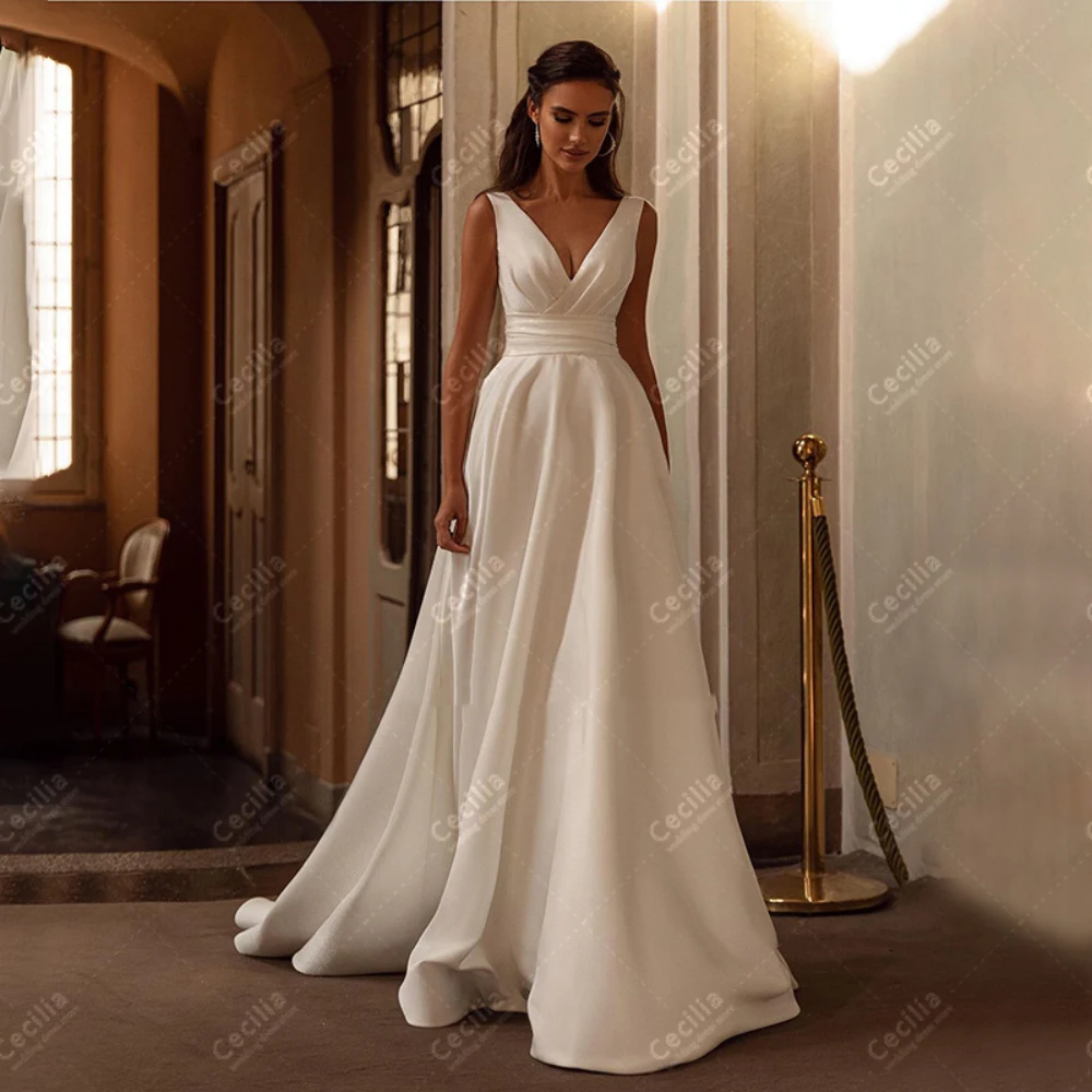 Simple Wedding Dresses A-Line Satin Bridal Gowns V-Neck Sleeveless Robes For Formal Party Graceful Backless Vestidos De Novia