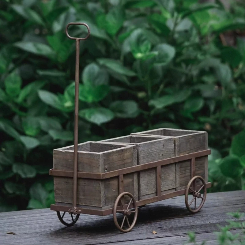 Vintage Metal Wagon Flower Pot Stand Floor Planter Trolley for Garden Shop Display Rustic Decorative Plant Holder Yard Ornament