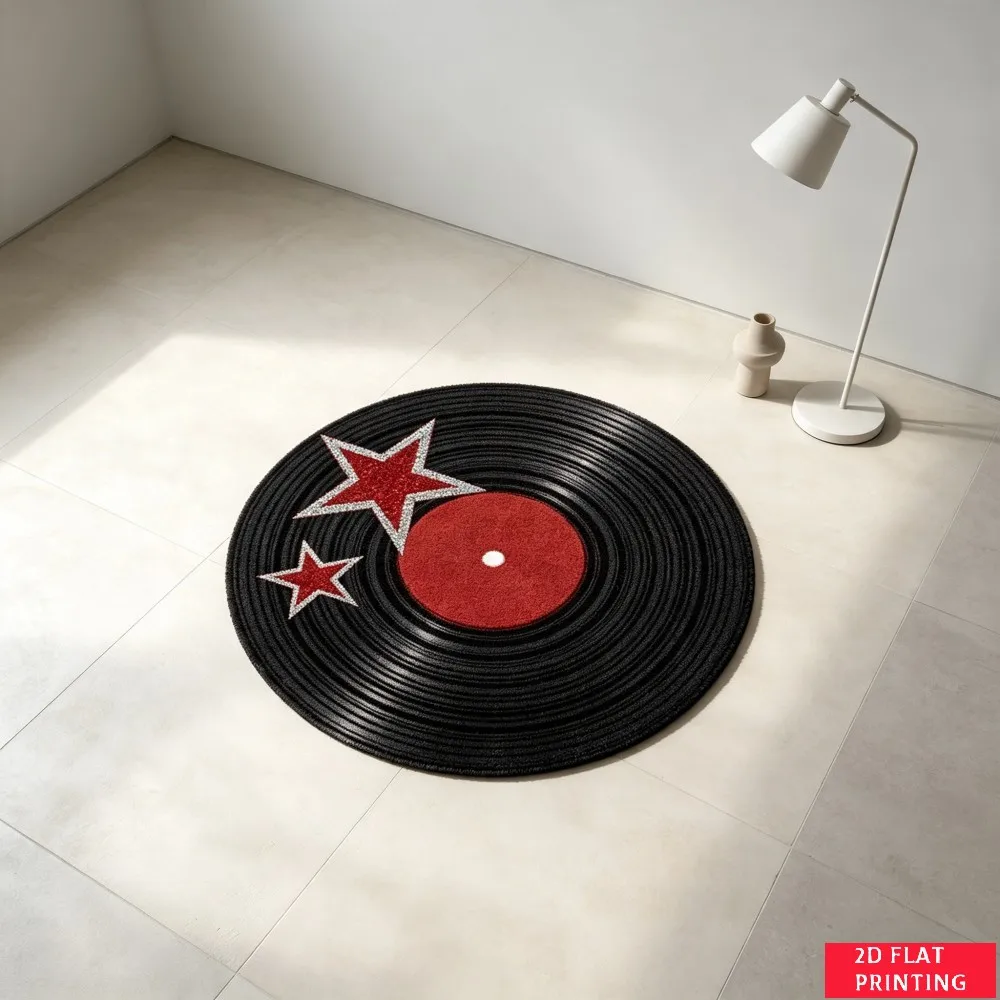 Retro Vinyl Record Pink Label Black Disc Round Carpet For Music Themed Room Or Studio With Groove Texture Printed Carpet Look
