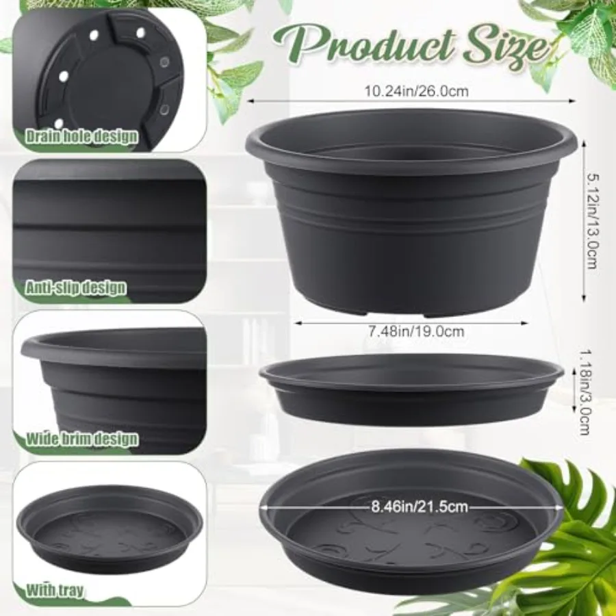 Indoor and outdoor planters for home garden use; plastic material; black color; 10-inch round pots with drainage holes and sauc