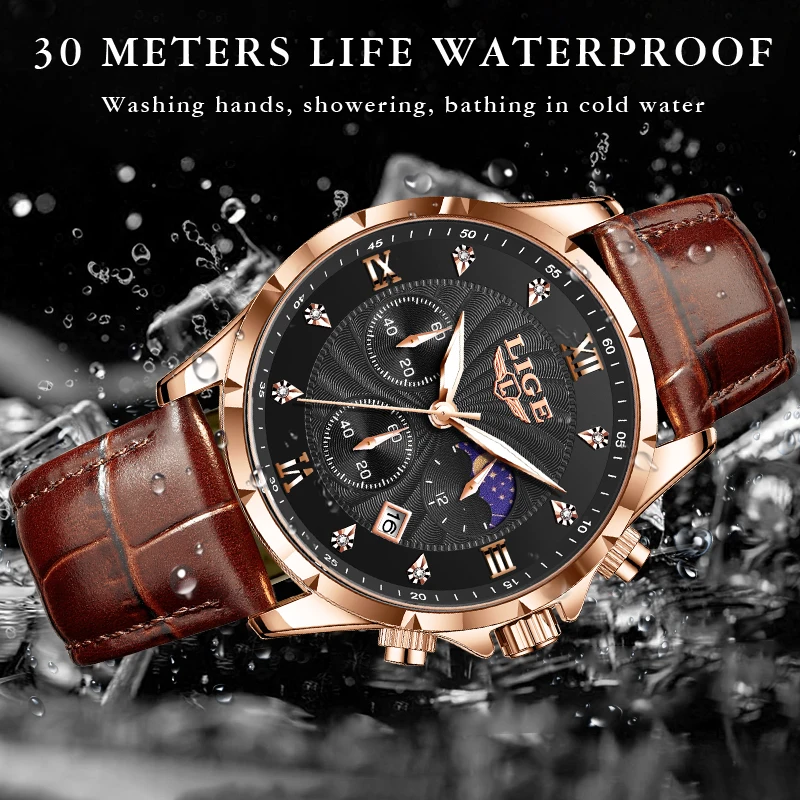 LIGE Man Watch Fashion Luxury Casual Sports Leather Strap Calendar Quartz Men\'s Watches Waterproof Luminous Diamond Wristwatches