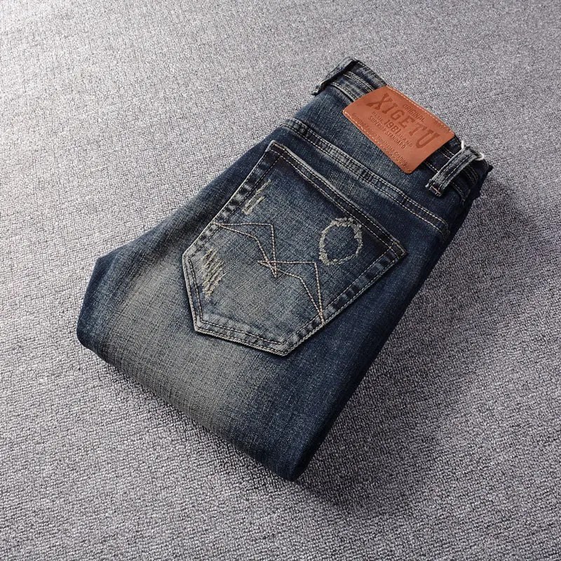 Fashion Vintage Men Jeans High Quality Retro Washed Blue Slim Fit Ripped Jeans Men Trousers Italian Style Designer Denim Pants